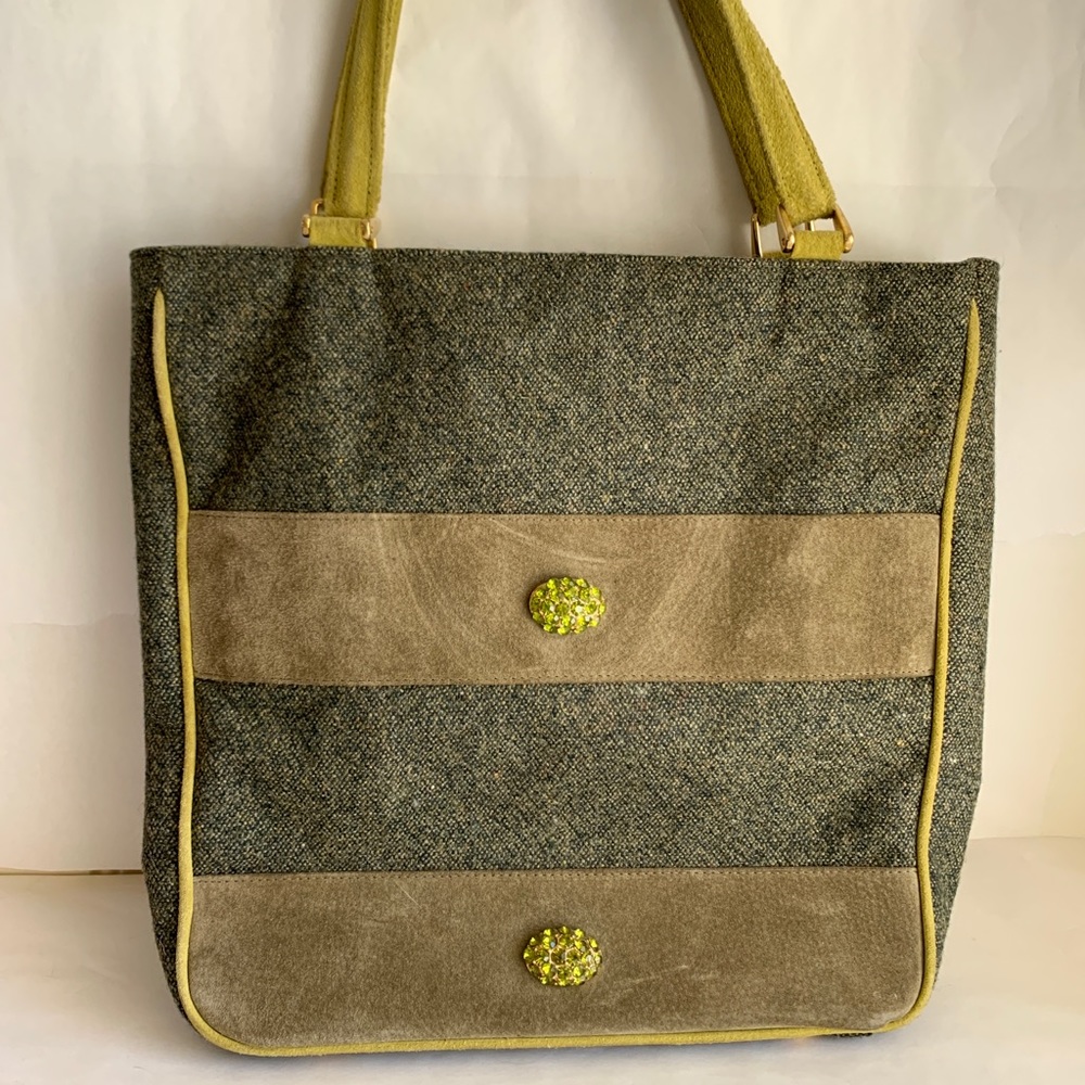Olive green suede & wool handbag